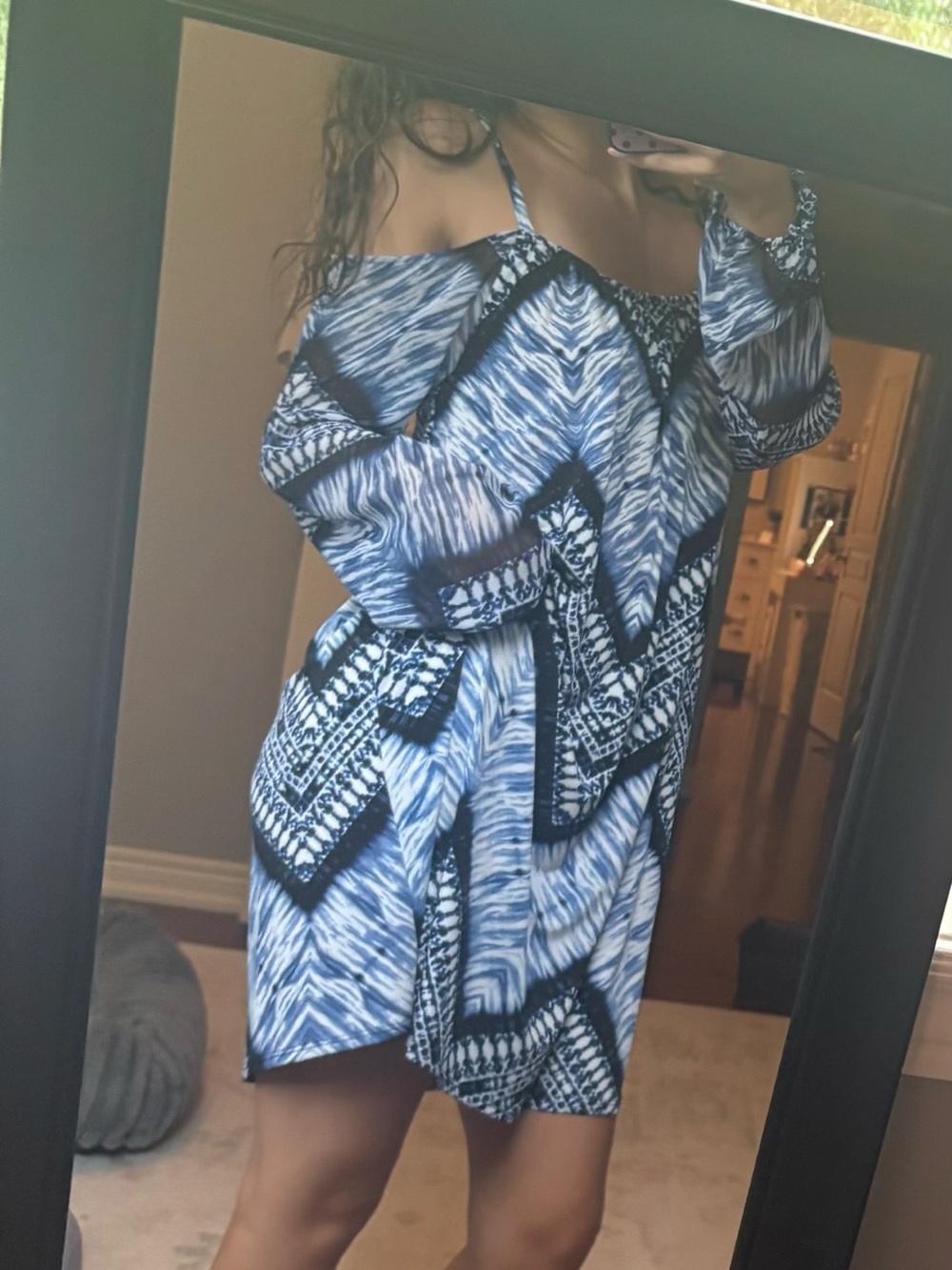 INC International Concepts Blue+White Tie-Dye Cold-Shoulder Long Sleeve Dress L